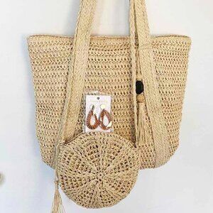 3 PIECES! Woven Straw Beach Tote, Purse & Earrings